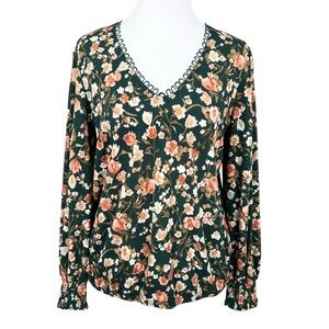 Flower & Feather Size Small Floral Smocked Hem Blouse Green Boho Style Shirt Top